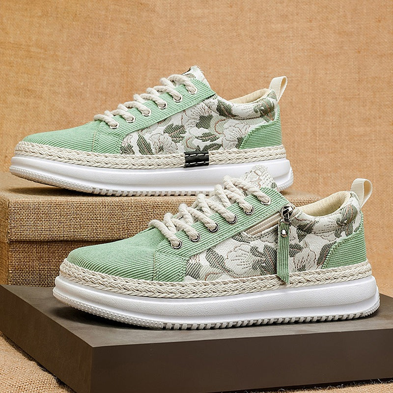 Damen gestickte Espadrille-Plateau-Sneaker mit floralem Jacquard, geflochtener Kordelsohle und gepolstertem Innenfutter Echo Archiv