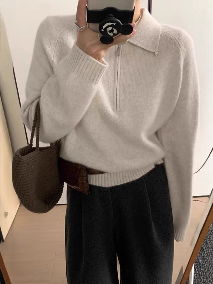 Damen Kurzzip-Polo-Pullover aus flauschigem Wollmix mit kastiger Silhouette Echoarchiv