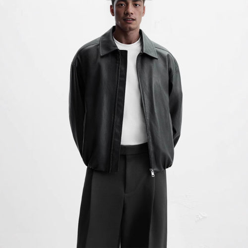 Herren elegante Kunstlederjacke mit modischem Stehkragen und seitlichen Eingrifftaschen Hedi-Mode