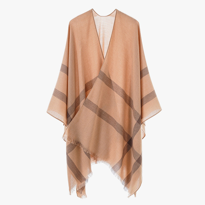 Damen leichter Feinstrick-Cape mit diagonalen Kontraststreifen und Fransen Echo Archiv