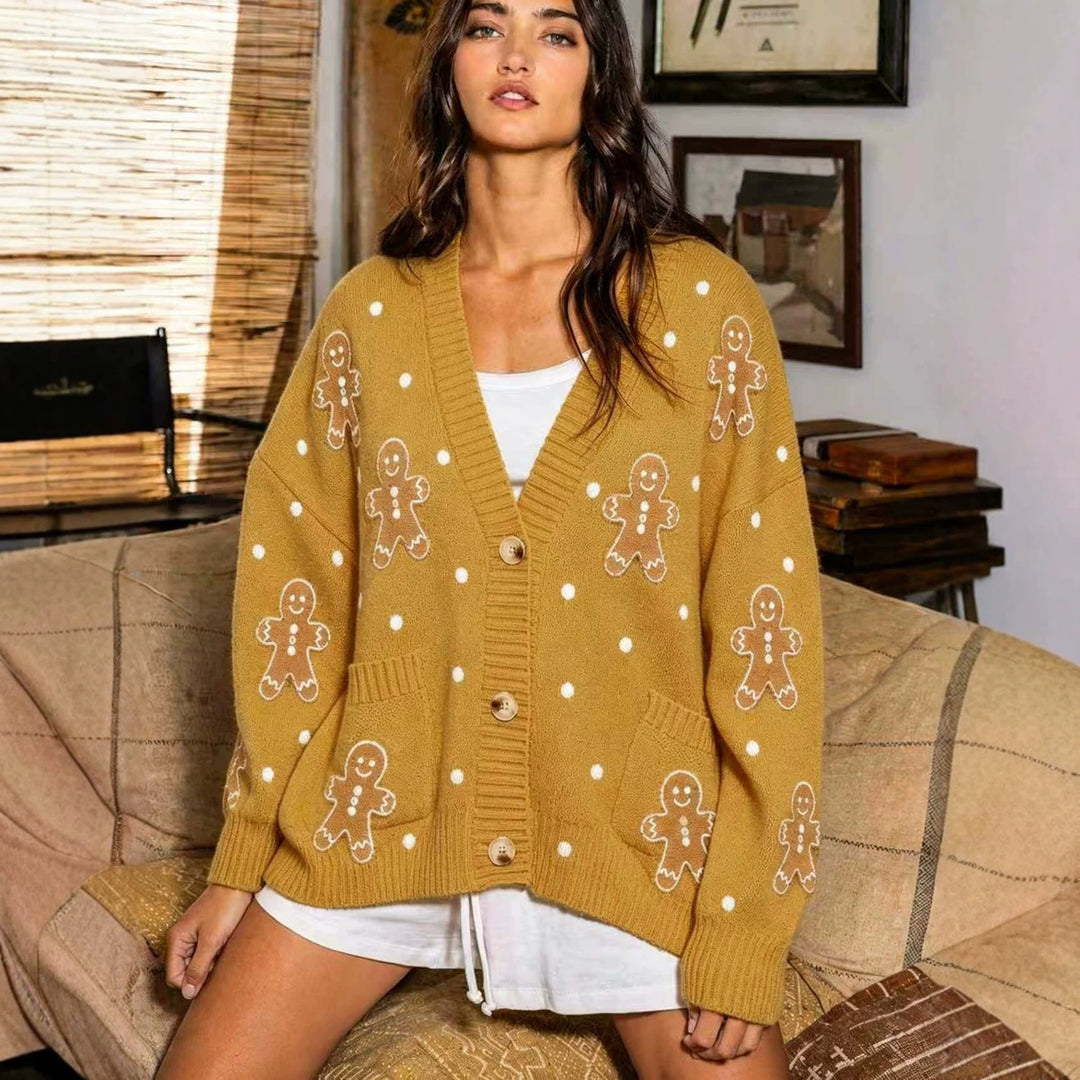 Damen nan oversized Strickcardigan mit Lebkuchenstickerei und tiefem V-Ausschnitt Echo Archiv