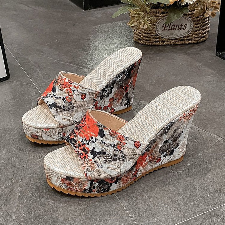 Damen Florale Brokat-Mules mit geflochtenem Jute-Plateau und ergonomischem Komfortfußbett – Sorelia