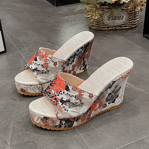Damen Florale Brokat-Mules mit geflochtenem Jute-Plateau und ergonomischem Komfortfußbett – Sorelia