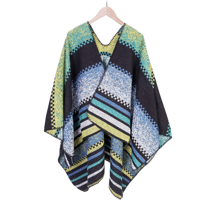 Damen Grobgestrickte Oversize-Ruana mit grafischem Blockmuster und asymmetrischem Zipfelrand Echo Archiv