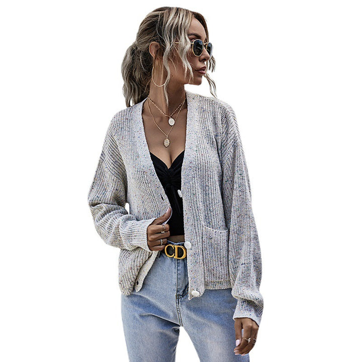 Damen Lässiger Strickcardigan mit V-Ausschnitt, Knopfleiste und Eingrifftaschen Echoarchiv