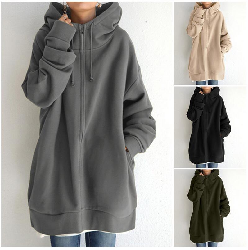 Damen nan oversized Kapuzenlongpullover mit Reißverschluss und Eingrifftaschen Echo Archiv