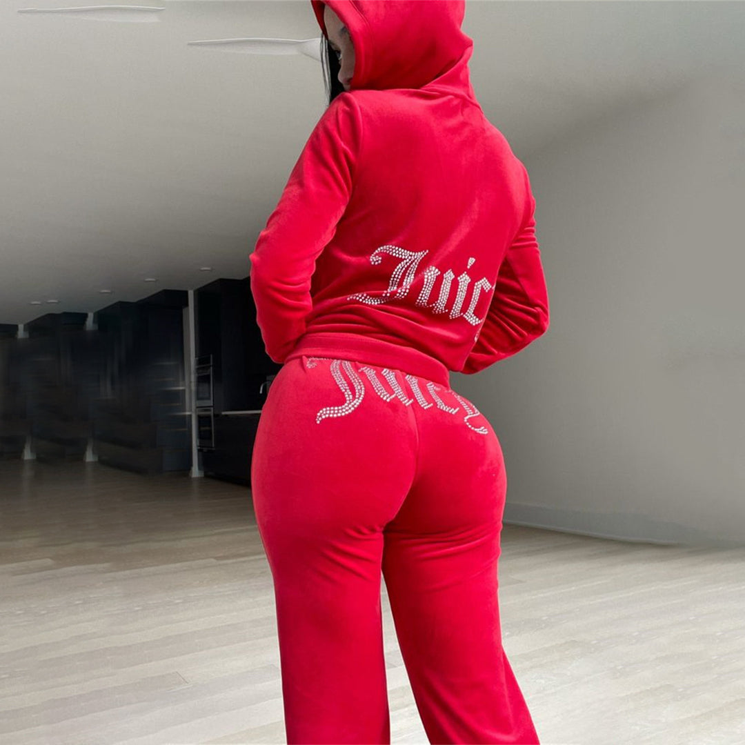 Damen nan luxuriöser Velours Trainingsanzug mit Reißverschlussjacke und Jogginghose Echo Archiv