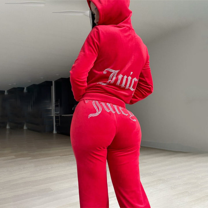 Damen nan luxuriöser Velours Trainingsanzug mit Reißverschlussjacke und Jogginghose Echo Archiv
