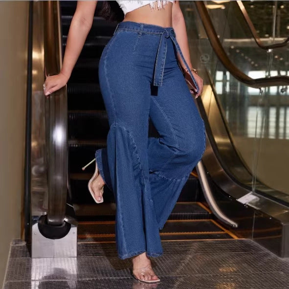 Damen Hochtaillierte Denim-Palazzo-Jeans mit überlappendem V-Bund, weitem Schlag und Frontschlitz Echo Archiv
