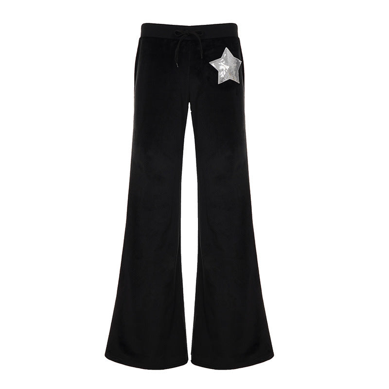 Damen nan Samt-Hose mit weitem Bein, elastischem Bund und Pailletten‑Sternapplikation Echo Archiv