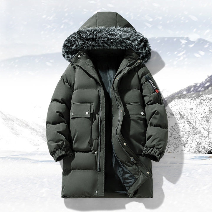 Herrlicher längerer gesteppter Winterparka mit Kapuze und Kunstfellbesatz – Marzano