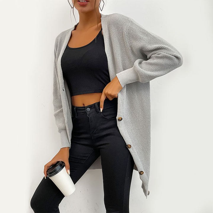 Damen Oversize Longcardigan aus weichem Feinstrick mit tiefem V‑Ausschnitt und Knopfleiste Echoarchiv