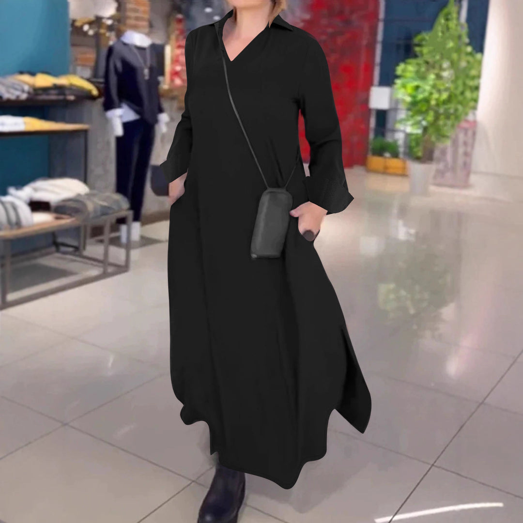 Damen Fließendes Maxikleid mit Stehkragen‑V‑Ausschnitt, langen Ärmeln und seitlichen Eingrifftaschen – Valéora