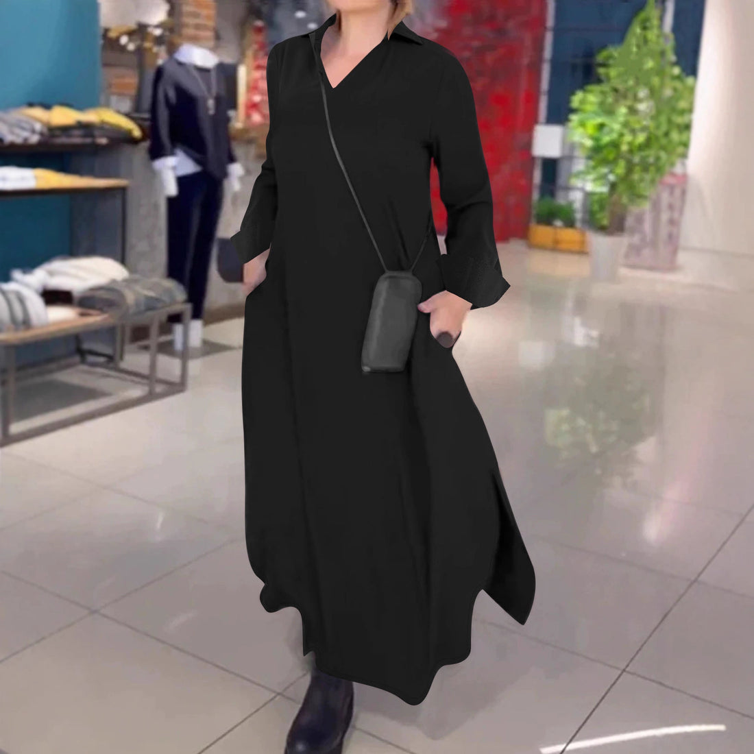 Damen Kragenblusenkleid mit V-Ausschnitt, Eingrifftaschen und seitlichen Schlitzen – Lunéa