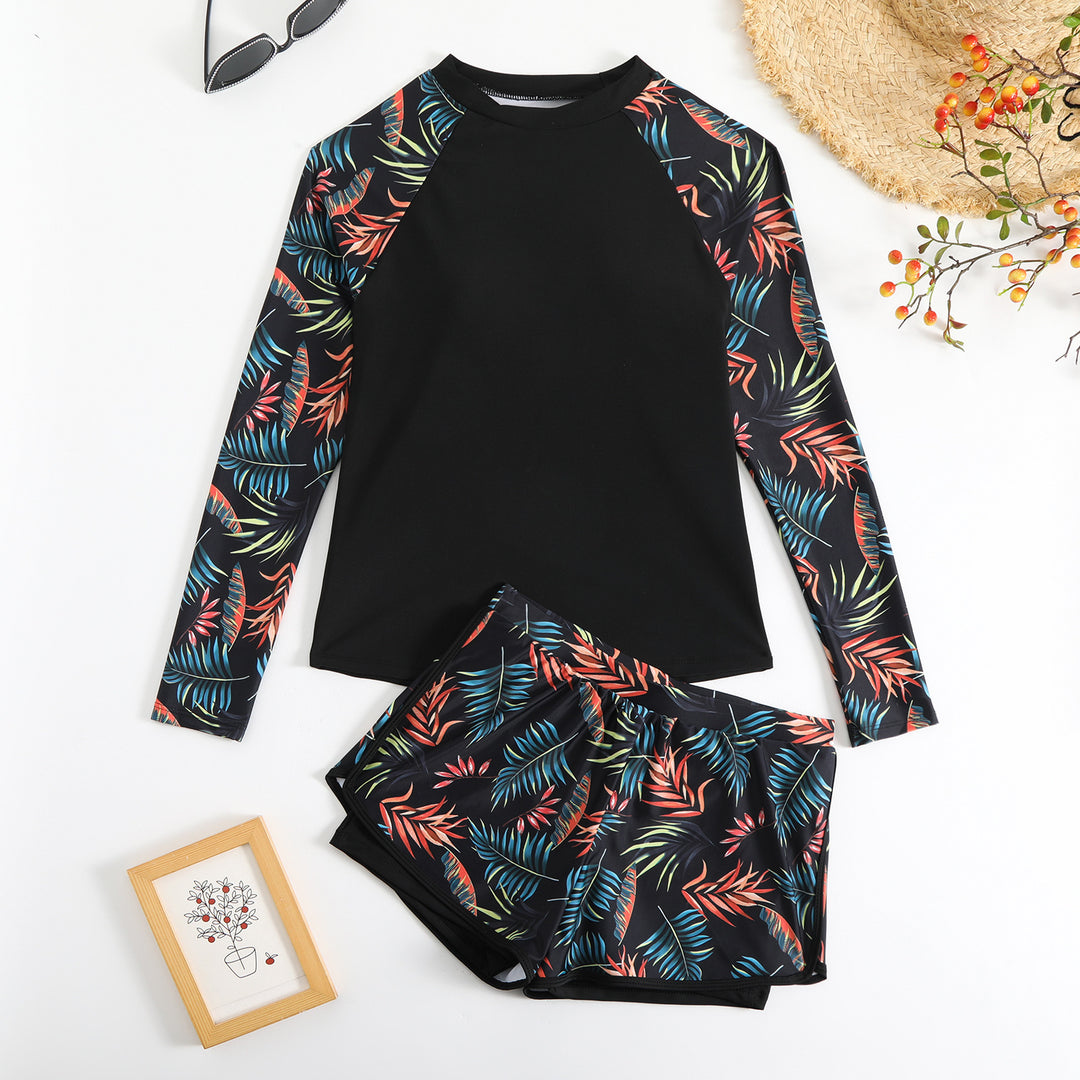 Damen Sportlicher Langarm Rashguard mit buntem Blattdesign Echo Archiv