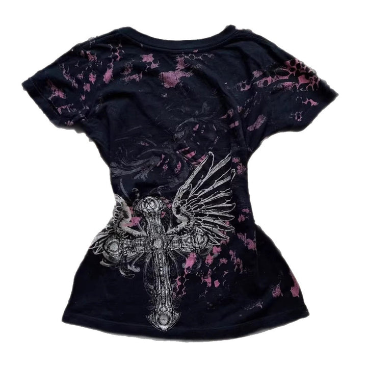 Damen V-Ausschnitt T-Shirt mit beeindruckendem Grafikkreuz Echo Archiv