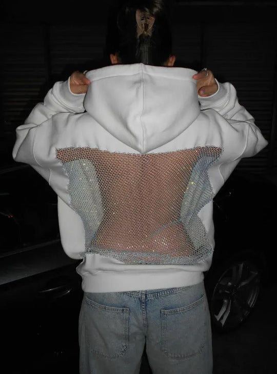 Damen Hoodie mit glitzerndem Mesh-Rückenapplikation – Auréline