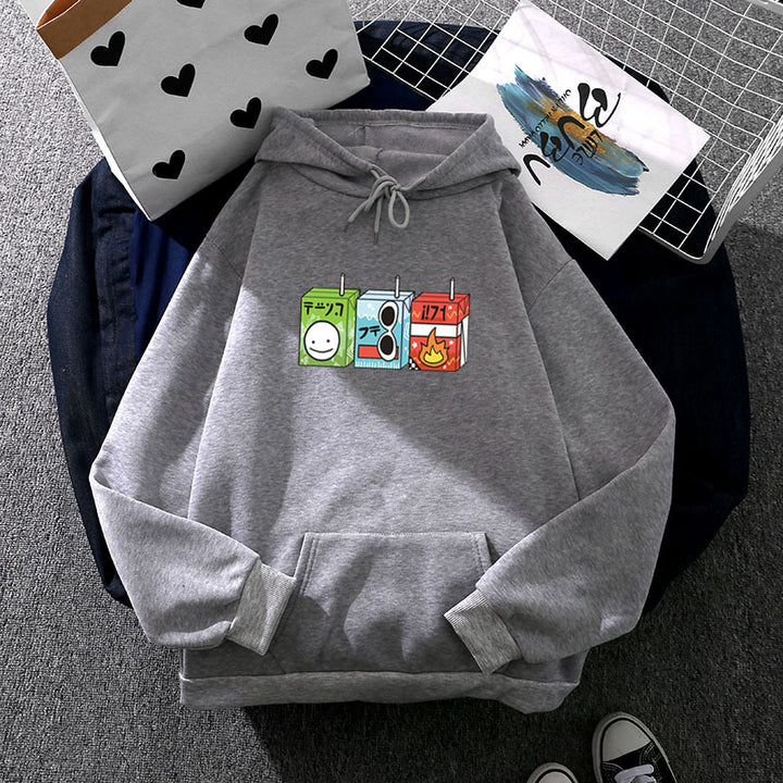 Damen oversized Kapuzenpullover mit Cartoon-Getränkekarton-Print, Kängurutasche und weichem Innenfutter – Auréline