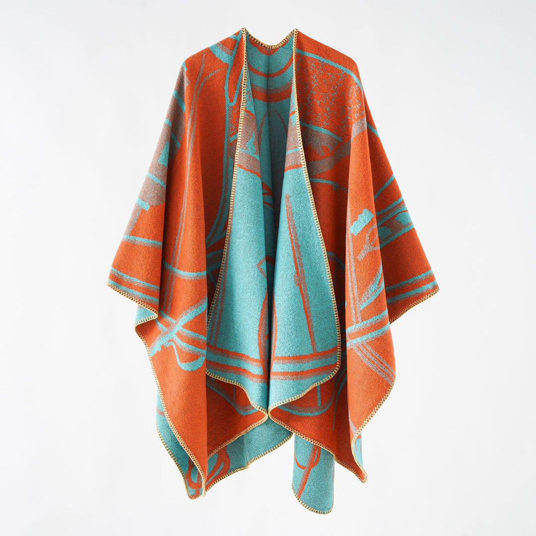 Damen Wollmix-Reversible Cape mit grafischem Jacquard und offenem Kimonofall – Montévia