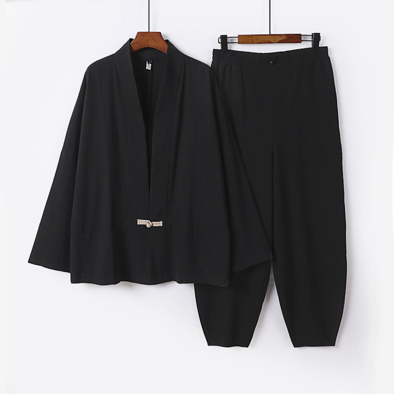 Herren Zen-Relax-Set mit offener Kimono-Jacke, dekorativem Knebelverschluss und tapered Harem-Joggpants Echoarchiv