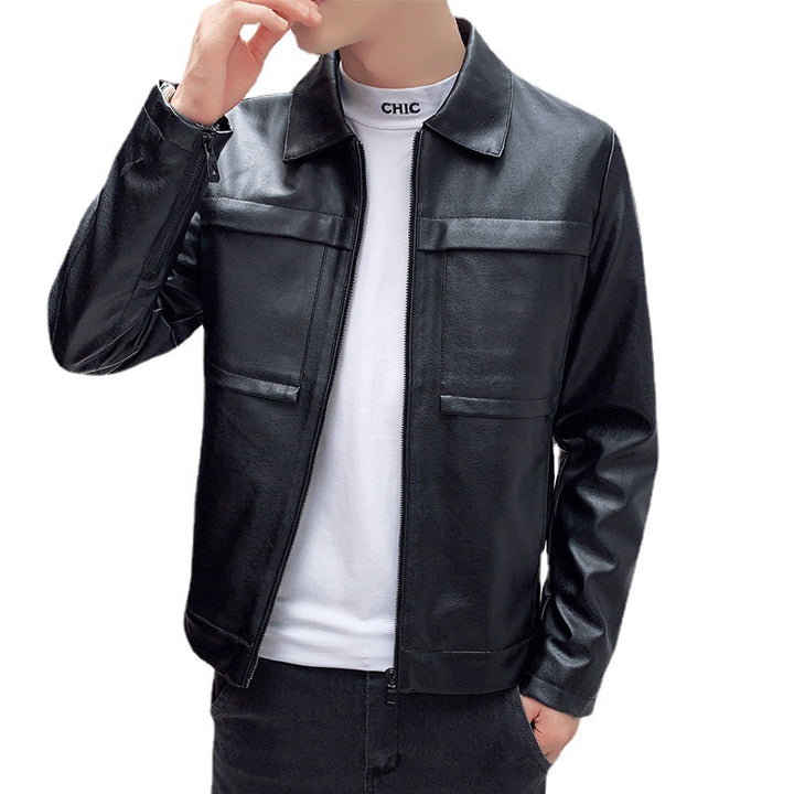 Herren minimalistisches Kunstleder-Zipblouson mit Hemdkragen und Pattentaschen Echoarchiv