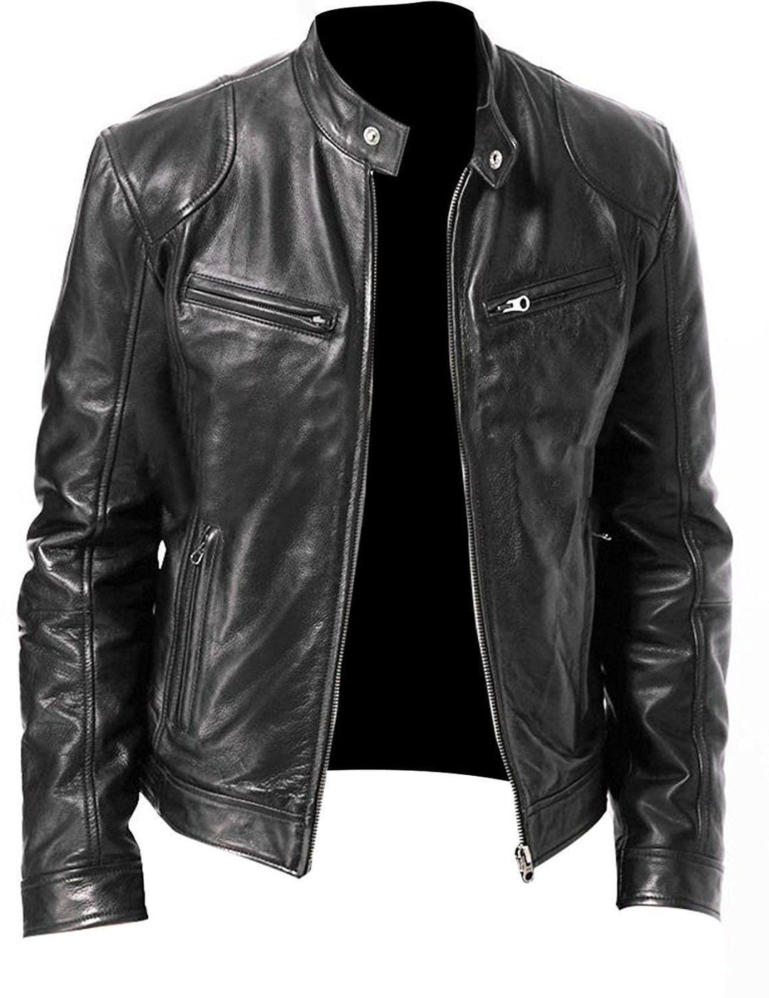 Herren nan vintage-inspirierte Lederjacke im Bikerstil mit Stehkragen und sichtbaren Reißverschlüssen Echo Archiv