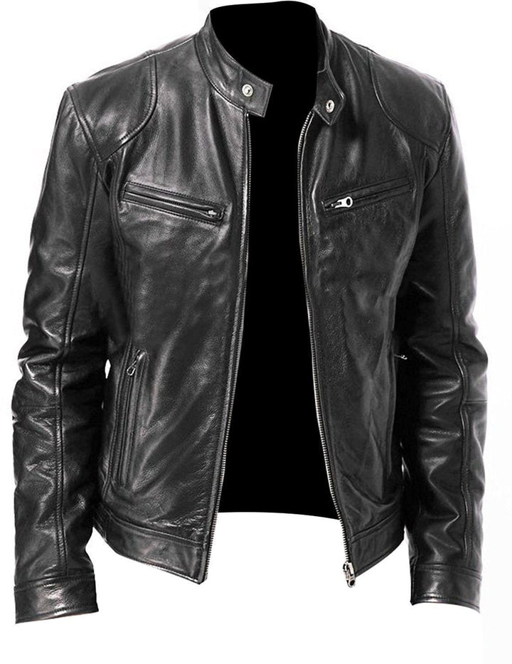 Herren nan vintage-inspirierte Lederjacke im Bikerstil mit Stehkragen und sichtbaren Reißverschlüssen Echo Archiv