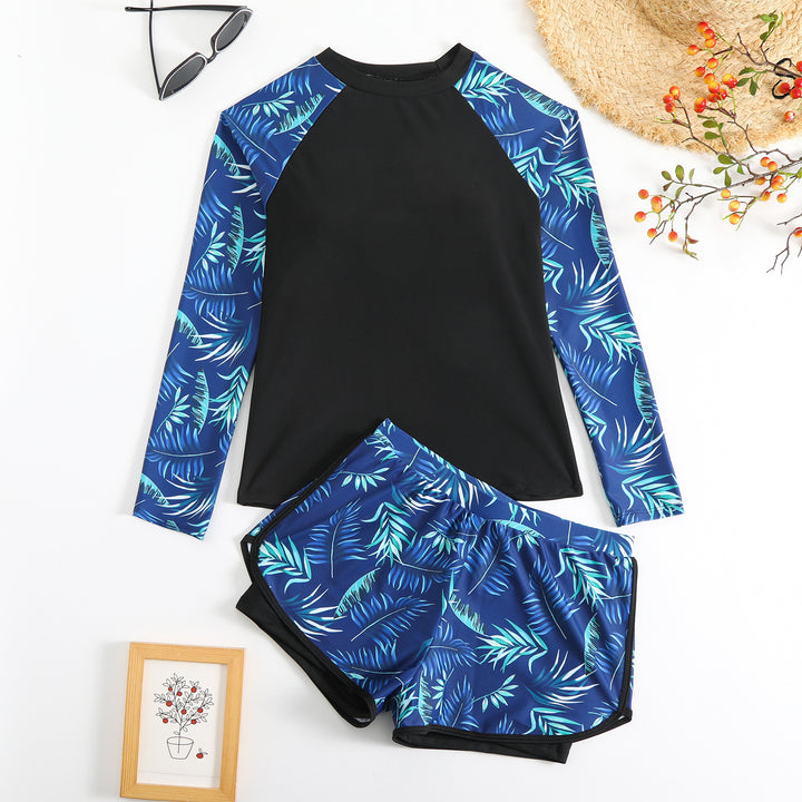 Damen Sportlicher Langarm Rashguard mit buntem Blattdesign Echo Archiv