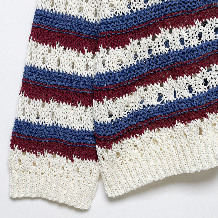 Damen Gehäkelter Cropped-Strickcardigan mit Lochstrick, Kontraststreifen und Perlmuttknöpfen Echoarchiv