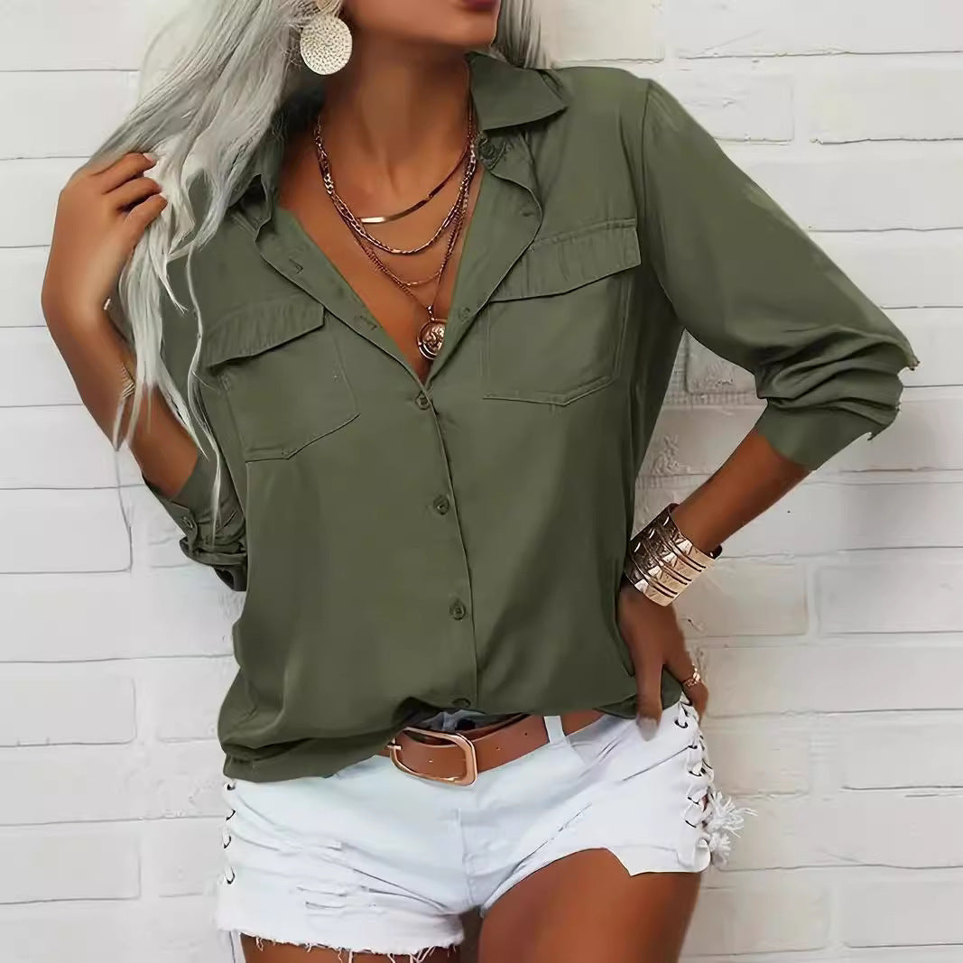 Damen nan leichte V-Ausschnitt Chiffonbluse mit Brusttaschen und geknöpftem Frontverschluss Echo Archiv