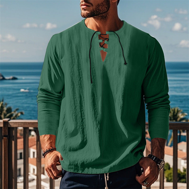 Herren modisches Langarmshirt mit Schnürung und V-Ausschnitt Echoarchiv