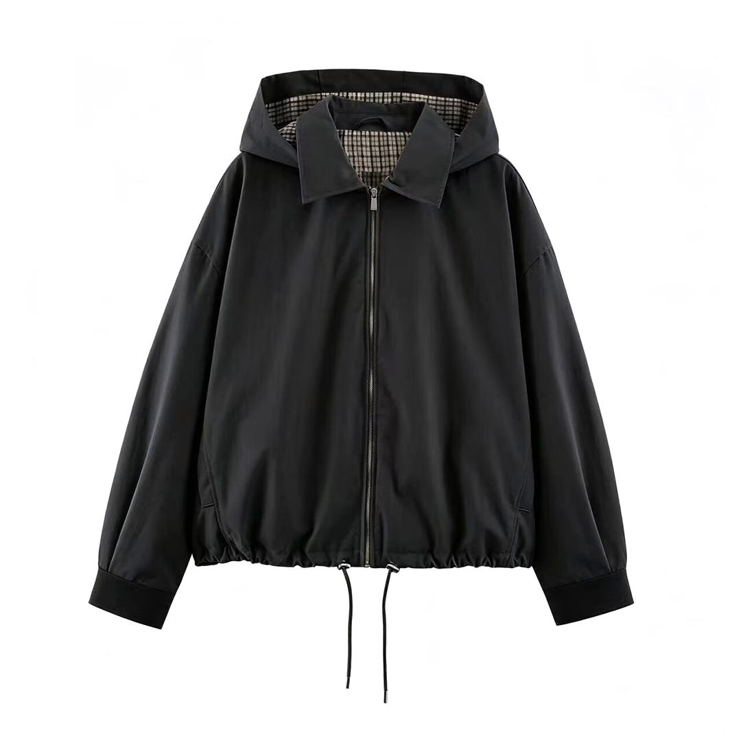 Damen Leichte Kapuzenjacke im Cropped-Oversize-Schnitt mit Tunnelzugsaum und verdecktem Reißverschluss Echoarchiv