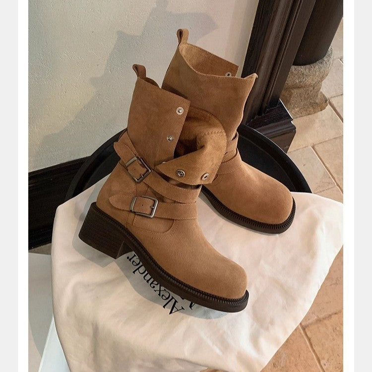 Damen Veloursleder-Bikerstiefel mit Schnallen und mittlerem Blockabsatz Echo Archiv