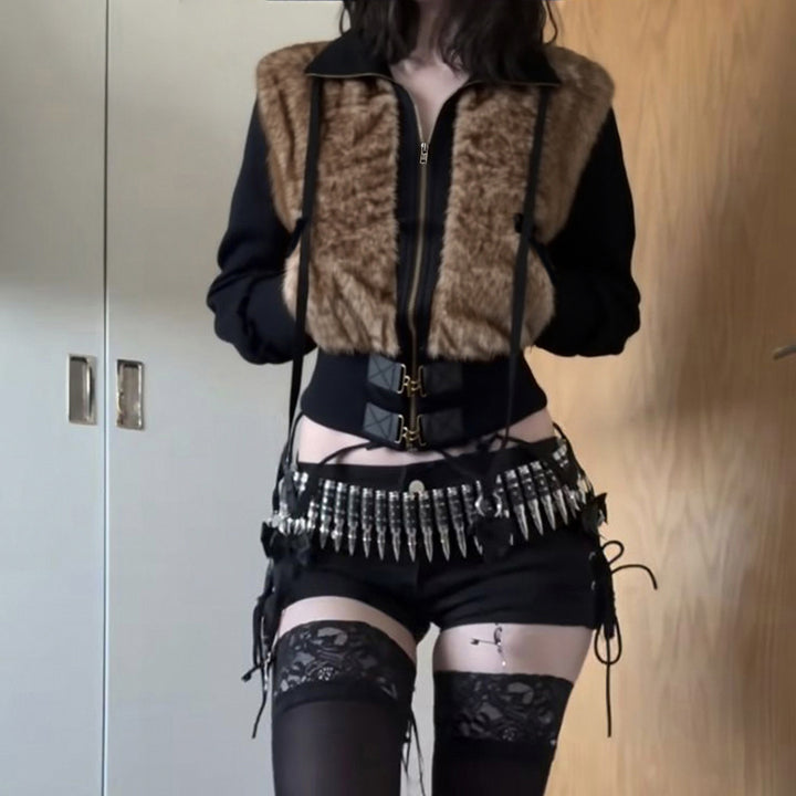 Damen Kurzjacke mit Kunstfellfront, hohem Stehkragen und tailliertem Rippbund Echo Archiv