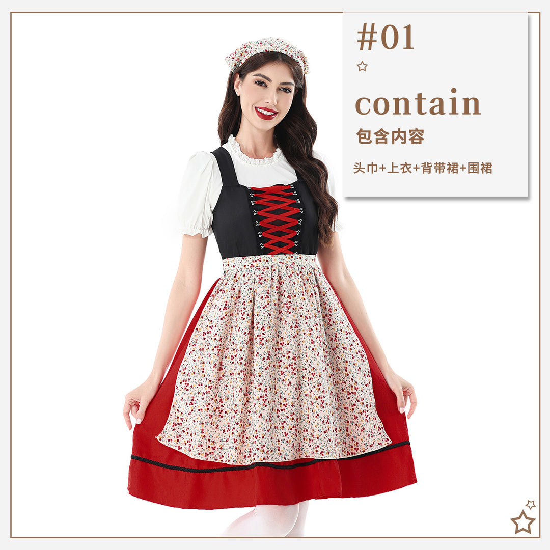 Damen nan traditionelles Dirndlkleid mit geschnürtem Mieder und floraler Schürze Echo Archiv