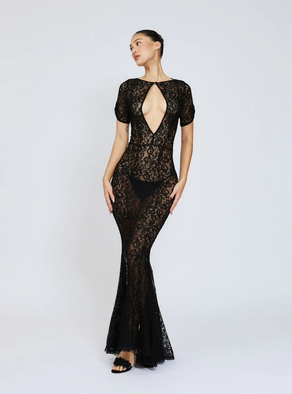 Damen Spitzenkleid mit tiefem Ausschnitt und ausgestelltem Schnitt Echo Archiv