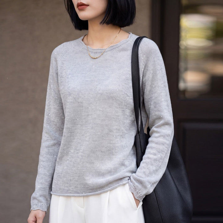 Damen leichter Feinstrickpullover mit dezenter Glitzeroptik und Raglanärmeln Echoarchiv