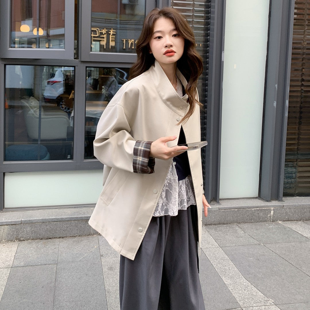 Damen Oversized Kurzmantel mit Stehkragen und kariertem Ärmelfutter Echoarchiv