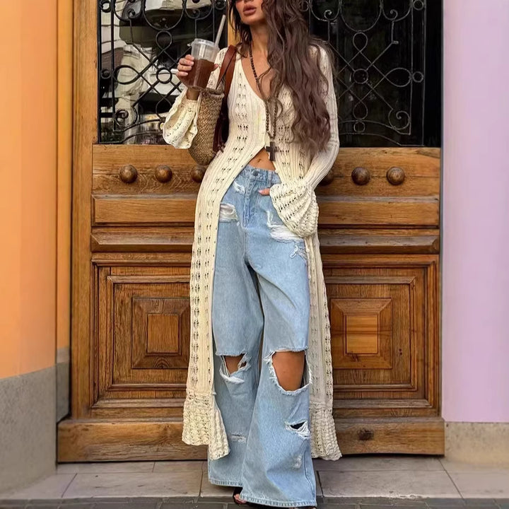 Damen Langer Häkelstrick-Cardigan mit Glockenärmeln und Offener Front – Veloura