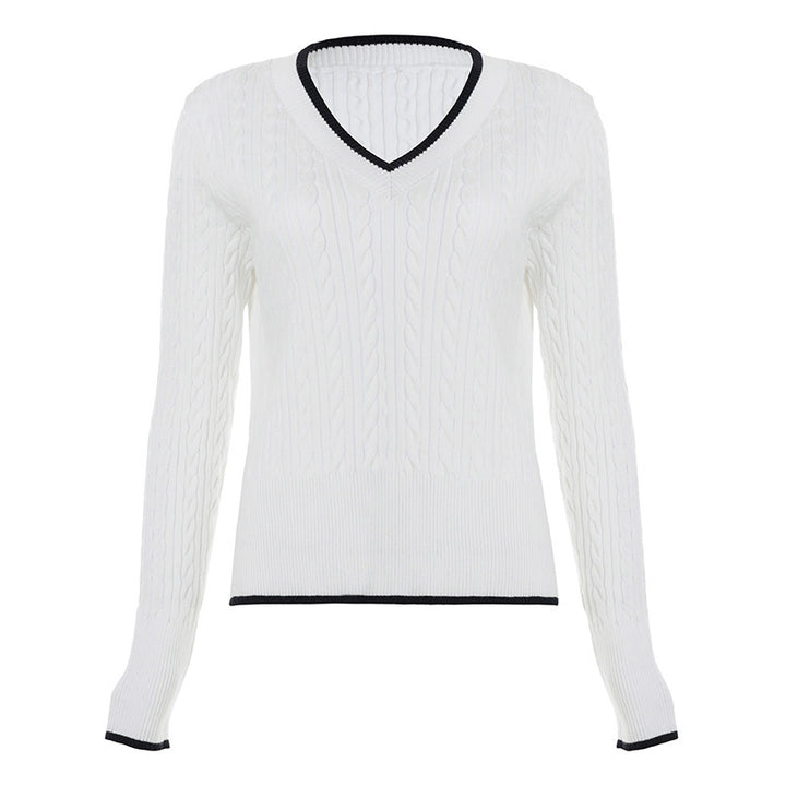 Damen Feinstrick-Pullover mit Zopfmuster, V-Ausschnitt und kontrastierendem Saum Echo Archiv