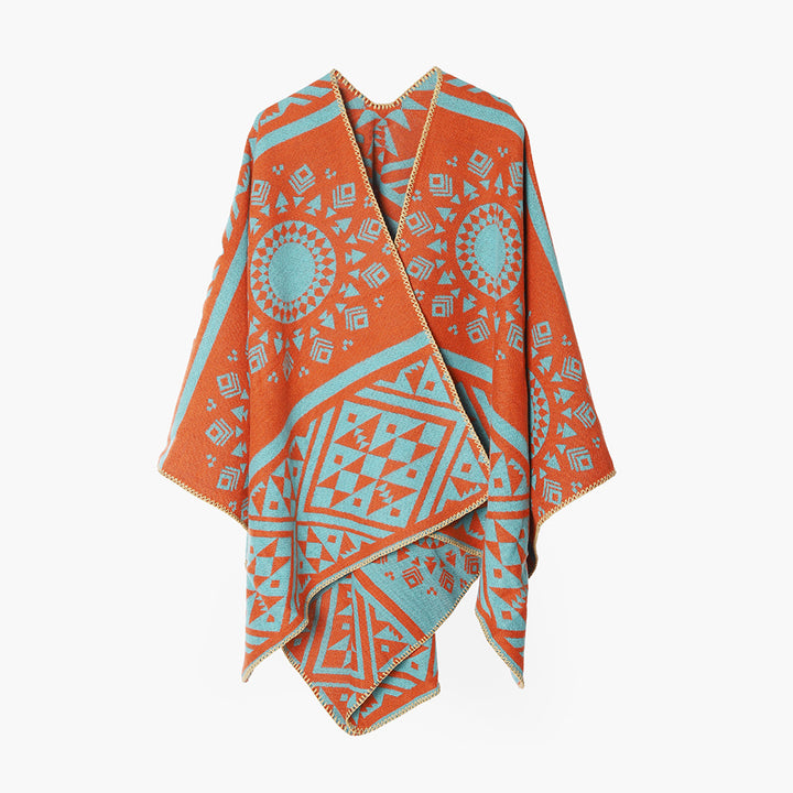 Damen Gewebter Jacquard‑Poncho mit Ethno‑Geometrischem Muster – Avérine