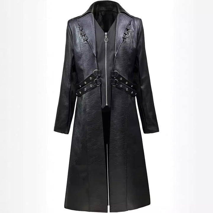 Herren Modische Kunstleder-Trenchcoat mit asymmetrischem Reißverschluss und dekorativen Details Echoarchiv