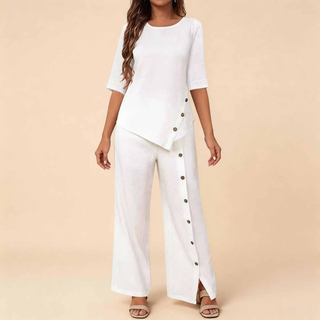 Damen asymmetrisches zweiteiliges Lounge-Set mit 3/4-Ärmeln und seitlicher Knopfverzierung Echoarchiv