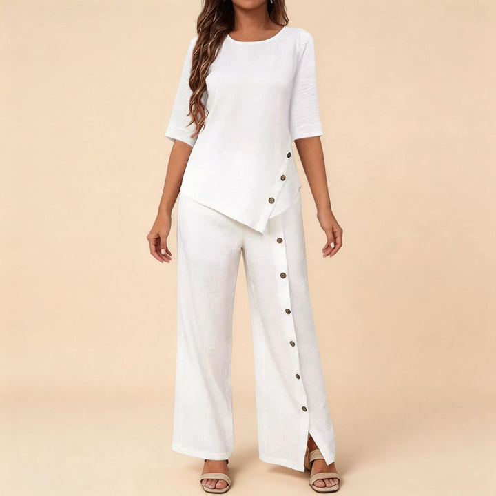 Damen asymmetrisches zweiteiliges Lounge-Set mit 3/4-Ärmeln und seitlicher Knopfverzierung Echoarchiv