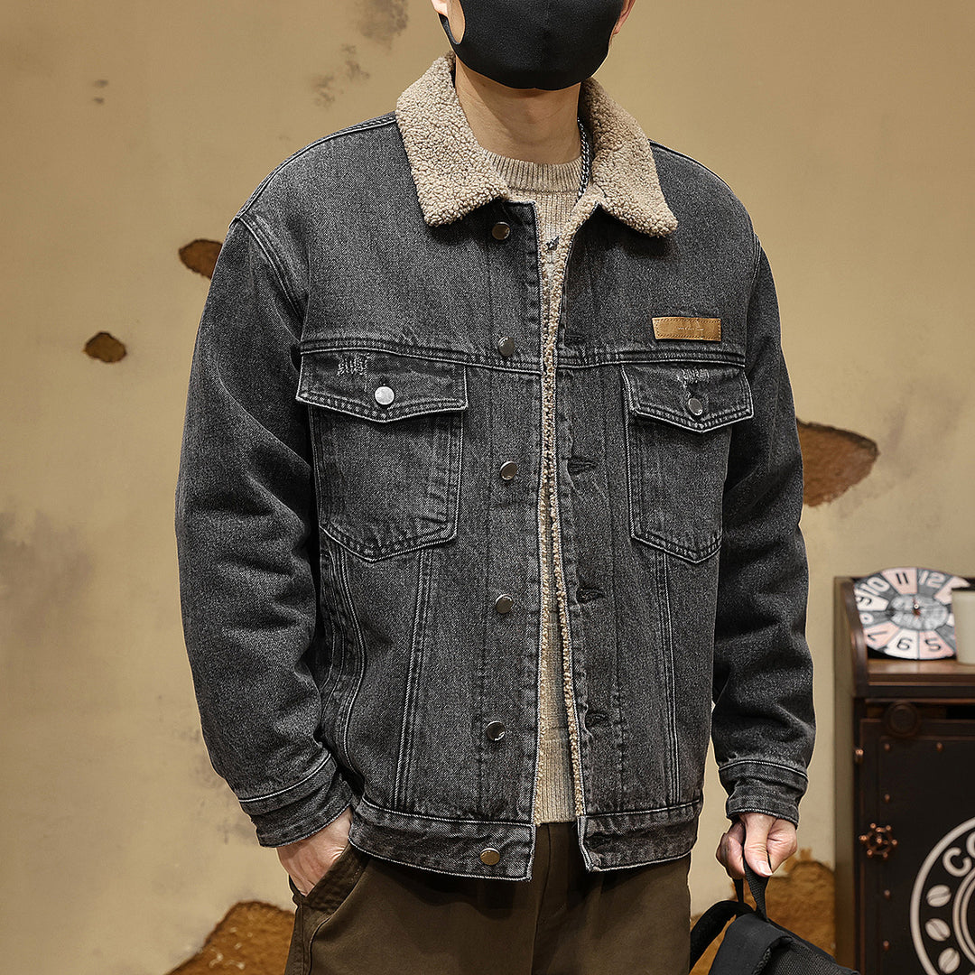 Herren Gemütliche Denimjacke mit Kunstfellkragen Echoarchiv