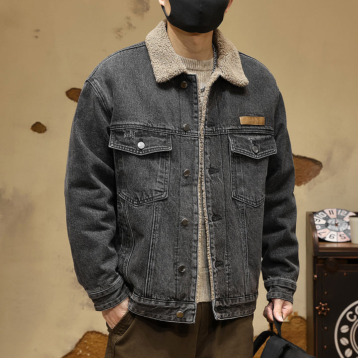 Herren Gemütliche Denimjacke mit Kunstfellkragen Echoarchiv