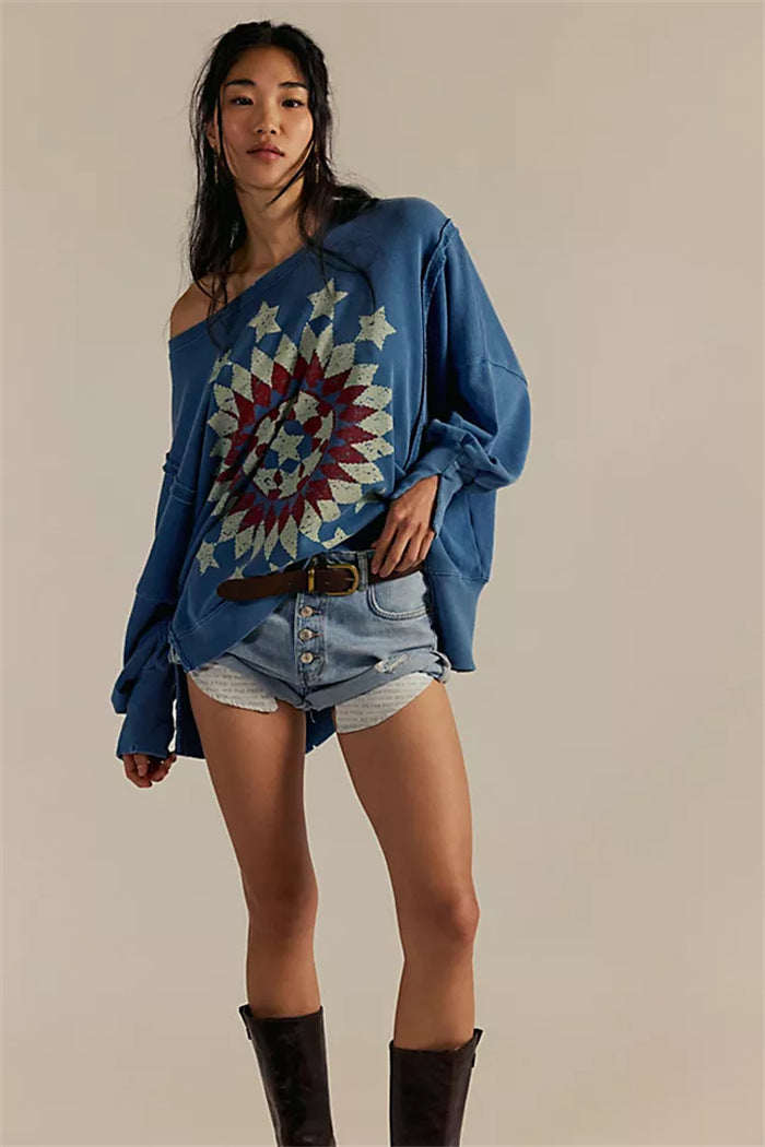 Damen oversized Sweatshirt mit Rüben-Print, ausgefransten Nahtakzenten und Daumenlochärmeln – Avérine