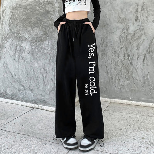 Damen weite Jogginghose hochgeschnitten mit seitlichem Statementprint und elastischem Bund – Avélisse