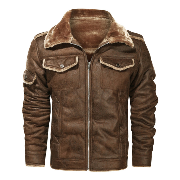 Herren Bikerjacke aus Lederimitat mit Teddyfell-Futter und asymmetrischem Reißverschluss – Brevano
