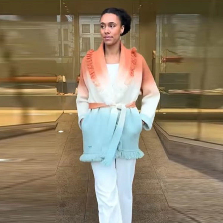 Damen Farbverlauf-Strickcardigan mit Fransen und Schalkragen Echoarchiv